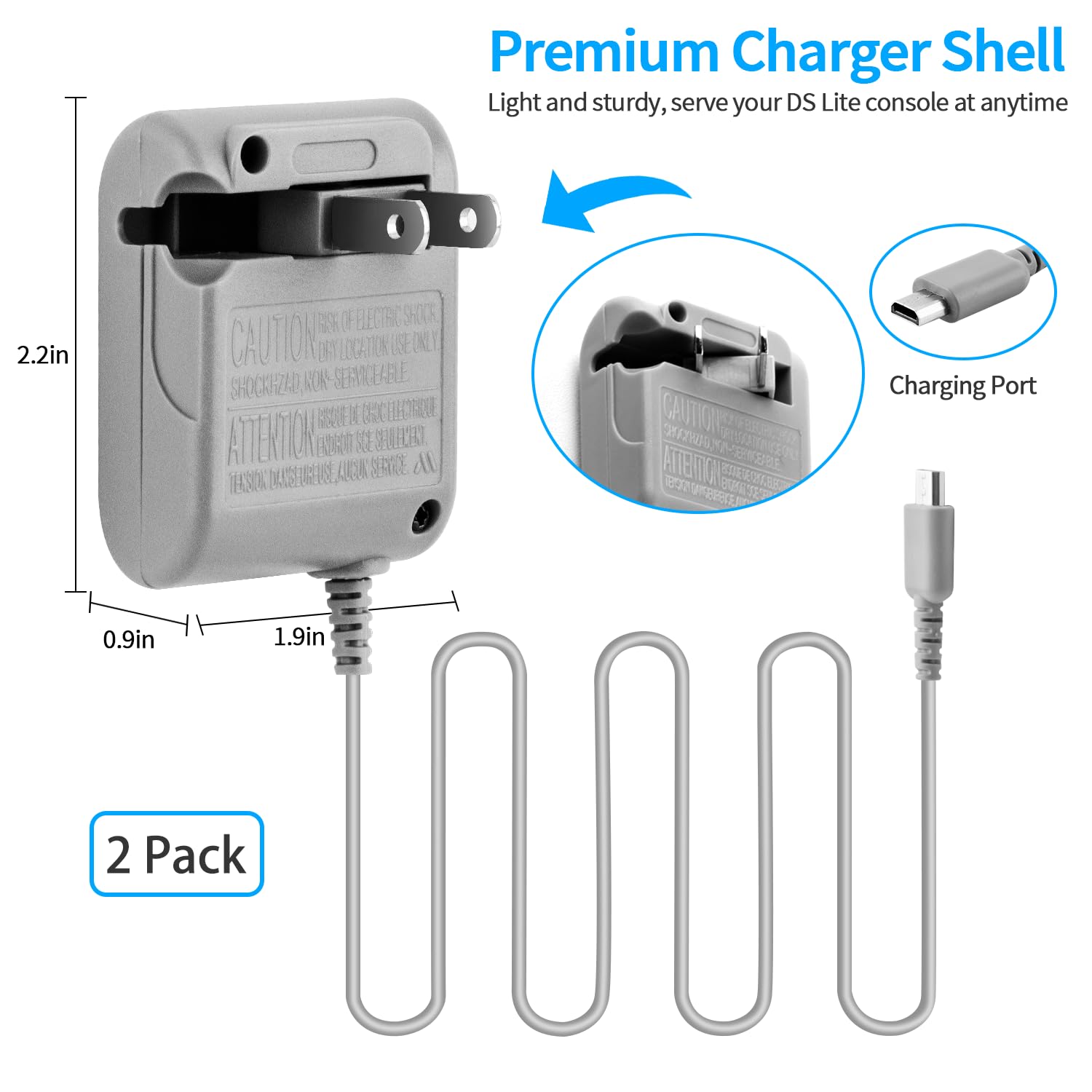2 Pack DS Lite Charger Replacement for Nintendo DS Lite, Travel Charger Replacement AC Adapter Wall Plug (100-240v)