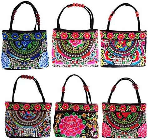 dailymall 6個入り ショルダーバッグ 女性 花刺繍 木製ビーズ ハンドバッグ ミニポーチ 財布 携帯用 約31x51cm