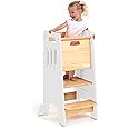 Toddler Tower with a Sliding Door and 3 Adjustable Heights - Complete Toddler Kitchen Stool Helper with Support Feet - Safe Design for 18+ Months to 6-Year-Old Kids - White