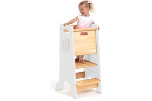 OCODILE Toddler Tower with a Sliding Door and 3 Adjustable Heights - Complete Toddler Kitchen Stool Helper with Support Feet - Safe Design for 18+ Months to 6-Year-Old Kids - White