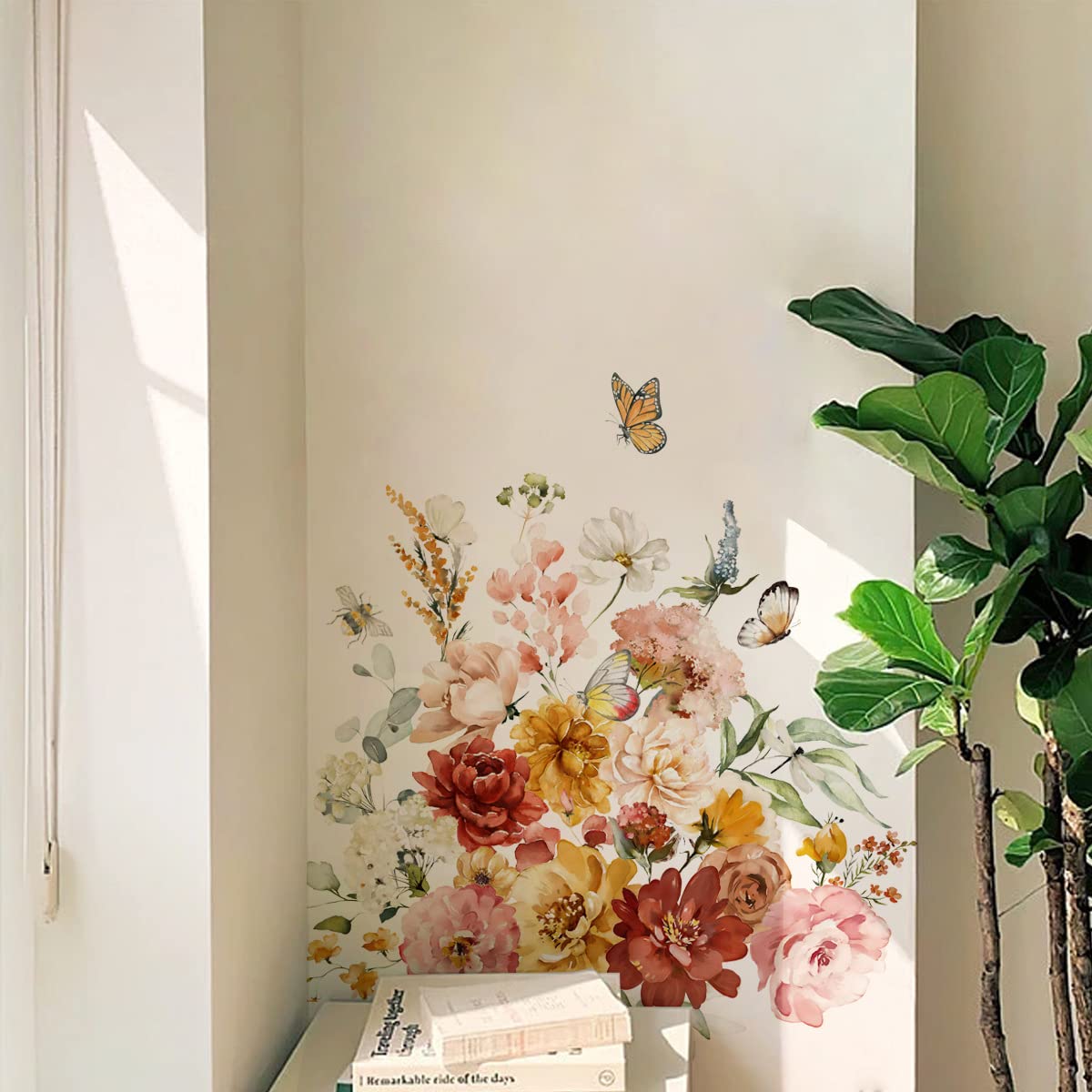 Runtoo Peony Flower Wall Art Decals Watercolor Butterfly Floral Wall Stickers for Bedroom Living Room Baby Nursery Wall Decor