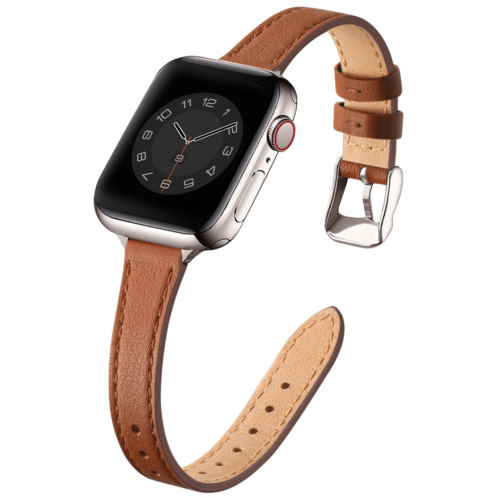 Photo 1 of STIROLL Slim Leather Bands Compatible with Apple Watch Band 38mm 40mm 41mm 42mm 44mm 45mm 49mm, Top Grain Leather Watch Thin Wristband for iWatch Ultra SE Series 8/7/6/5/4/3/2/1 (Brown with Starlight,