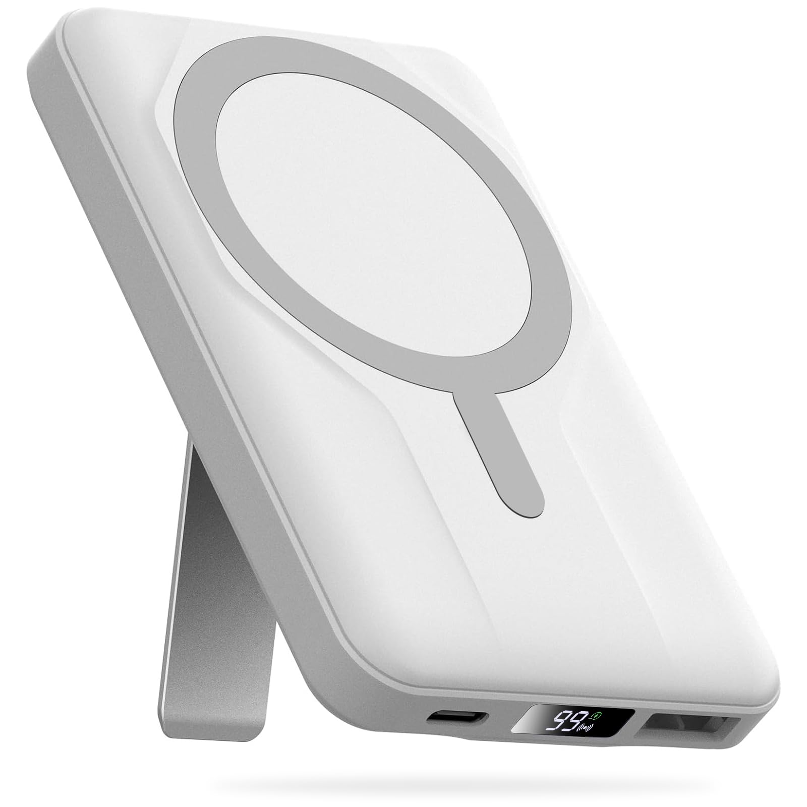 Azmuth Magnetic Power Bank,10000mAh for MagSafe Battery Pack, 22.5W PD Fast Charging,LED Display & Foldable Stand Wireless Portable Charger for iPhone 17/16/15/14/13/12/Pro/Pro Max/Plus,Pearl White