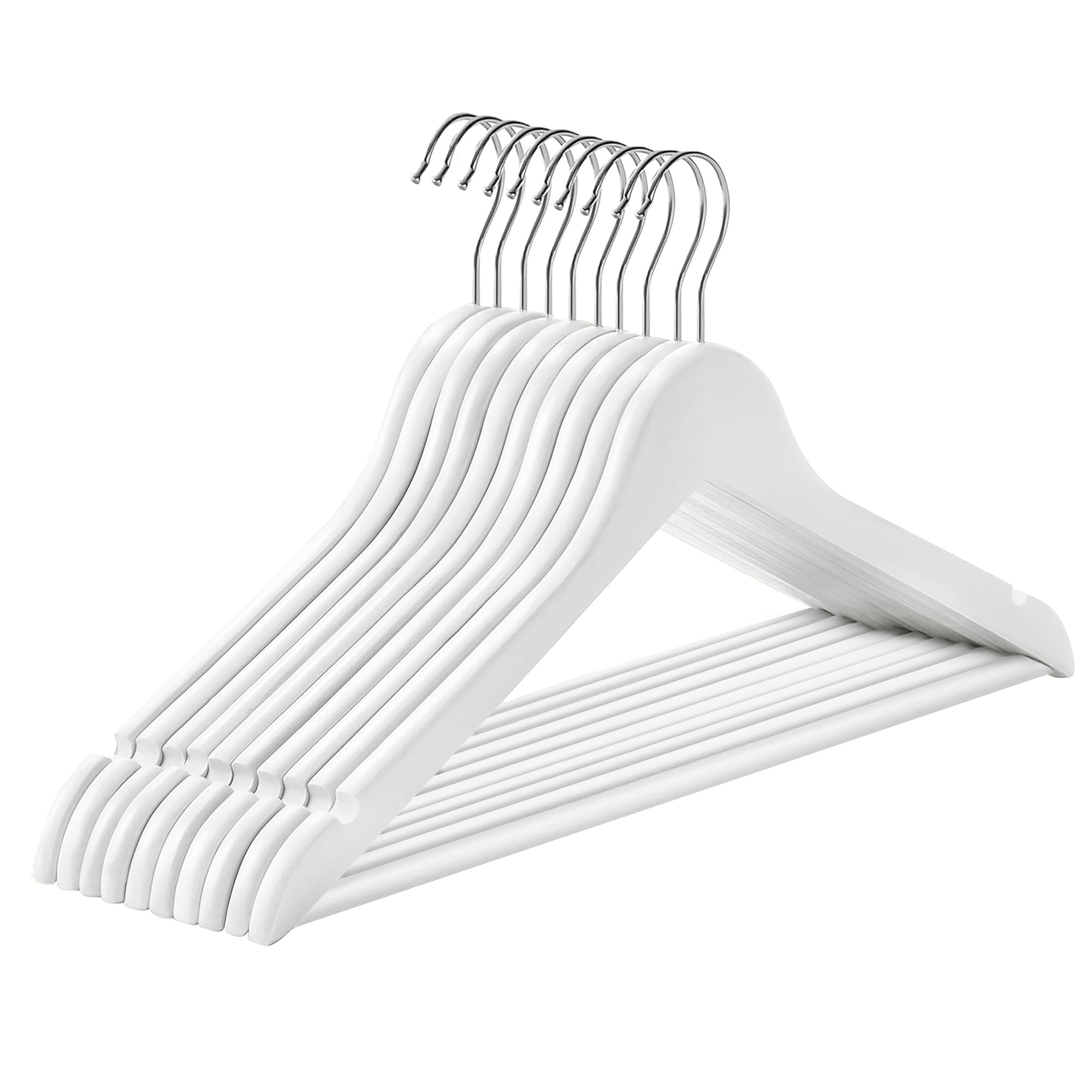 SONGMICS Wooden Hangers, Set of 10, Solid Wood Hangers, Notches in the Shoulder Area, Non-Slip Trouser Bar, 360° Rotating Hook, for Suits, Shirts, White/Silver CRW03W10