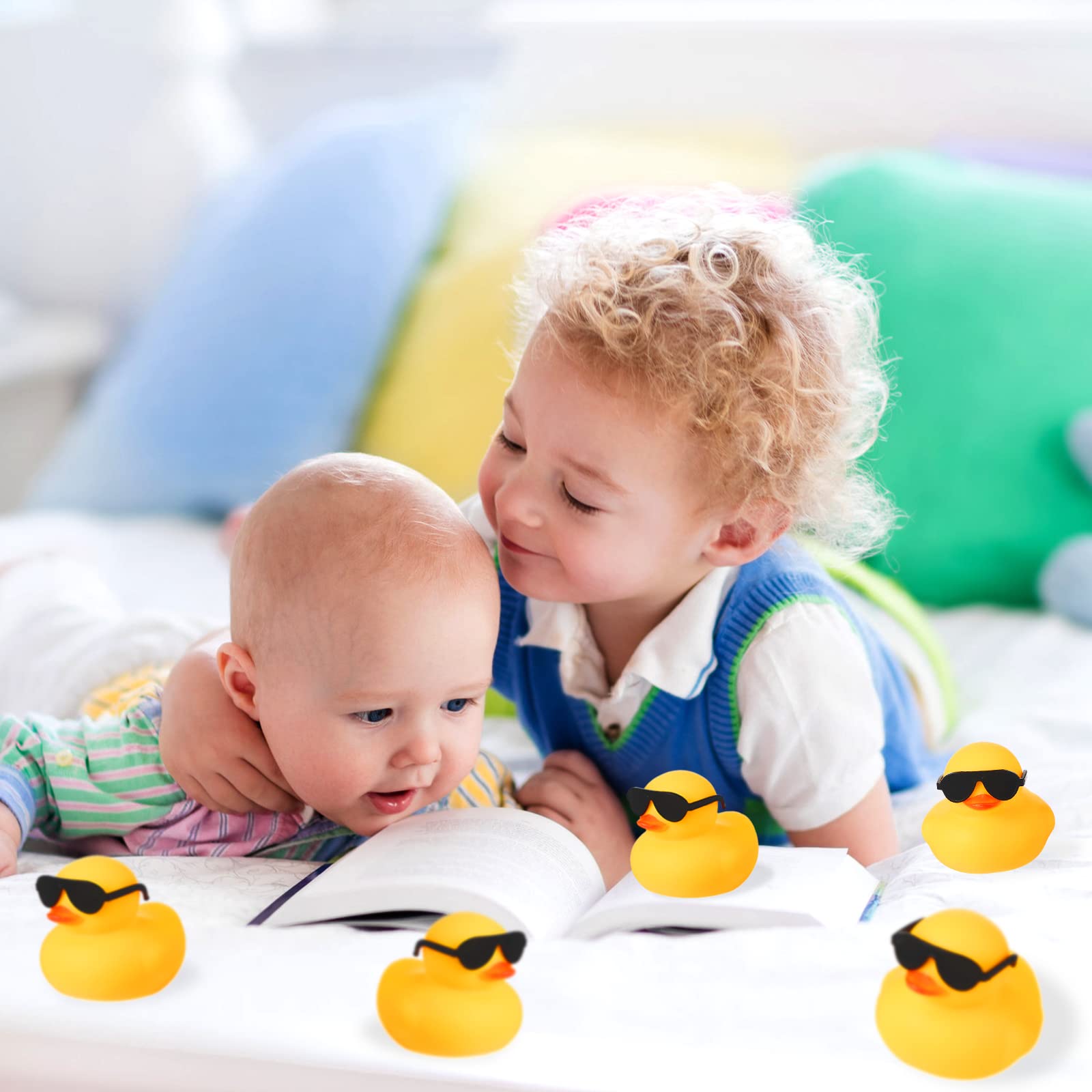 Chivao 12 Pcs Rubber Ducks with 12 Sunglasses/ Hats/ Headwear Small Mini Carnival Cruise Birthday Rubber Duckies Bathtub Toys in Bulk(Duck with Sunglasses,Yellow)