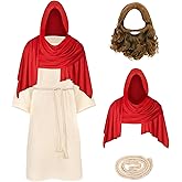 Mukum Jesus Kids Religious Jesus Christ Costume Set With Shawl, Wig, Robe & Belt Cord for Boys & Girls, Ideal for Religious Events, Christmas, Parties Red 3-4 Years