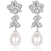 QuakerBird Freshwater Cultured Genuine Pearl Drop Earrings for Women Sterling Silver 9-10 mm Pearls Tennis Cluster CZ Dangle Stud Earrings Wedding