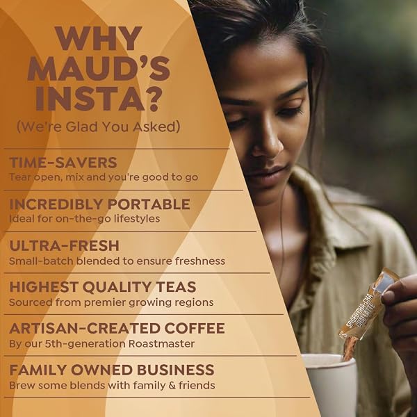 MAUD’S SPICED CHAI TEA LATTE INSTANT PACKETS, 16 CT, 100% GOURMET BLENDED TEA LEAVES, INSTANT HOT OR ICED CHAI TEA LATTE – JUST ADD WATER
