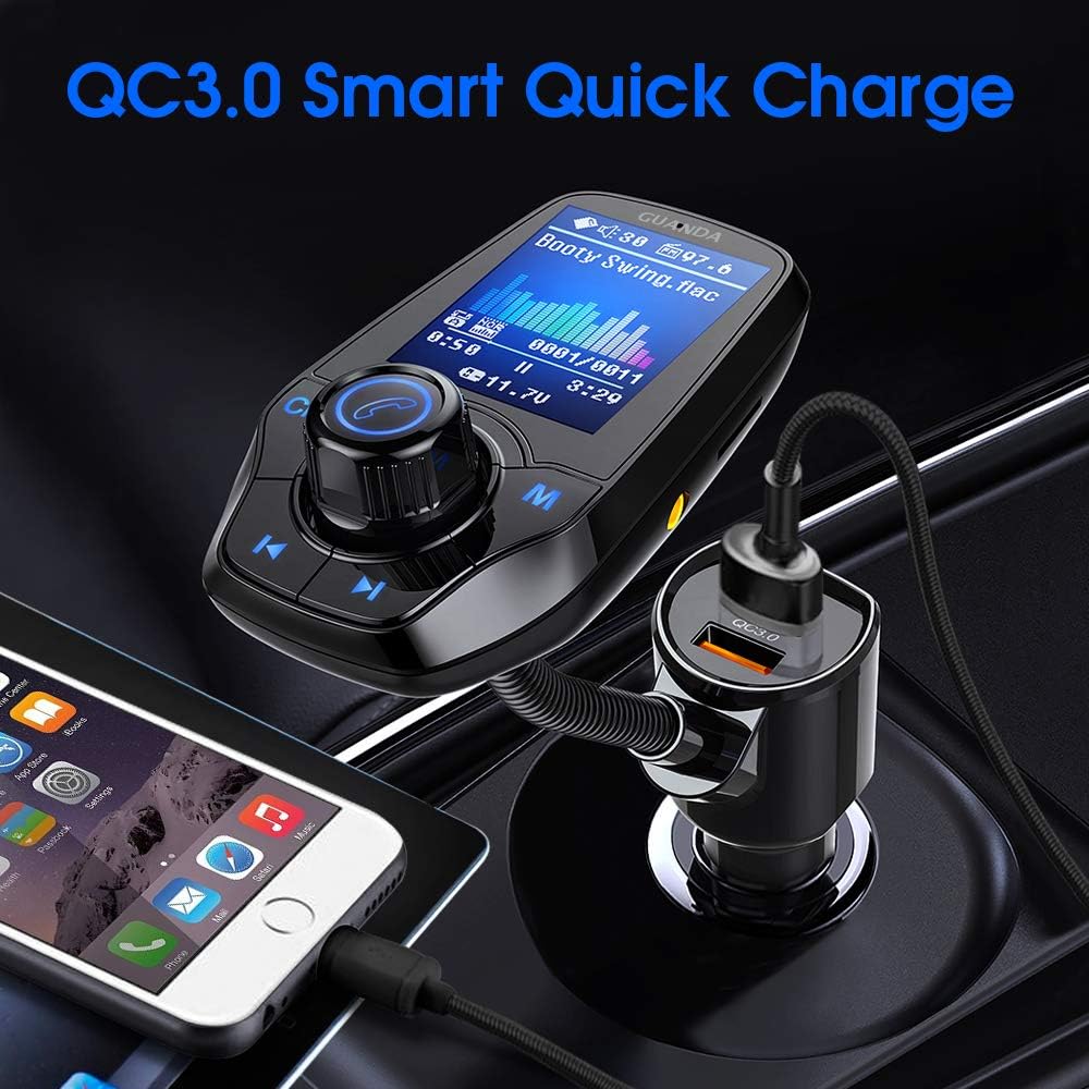 Guanda Bluetooth FM Transmitter for Car, Bluetooth Car Adapter, 4-in-1 Car MP3 Player with 1.8 Inch Color Display, AUX Input/Output, 3 Port USB, S Handsfree Call, SD/TF Card, USB Disk,QC3.0,5 EQ Modes: Electronics