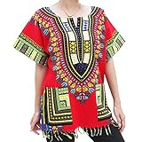 RaanPahMuang Bold Cotton Dashiki Unisex African Shirt With Tassels And Pockets, X-Small, Red
