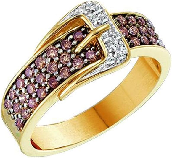 14k Yellow Gold Brown Diamond Belt Ring Buckle Band Round Chocolate