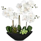 Briful Orchid Fake Flowers 17in White Artificial Orchid Silk Flowers in Black Pot Faux Orchid Arrangement for Home Office Bathroom Dining Table Modern Decoration