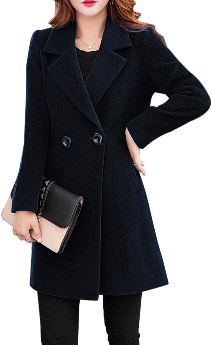Jenkoon Women's Winter Outdoor Double Breasted Cotton Blend Pea Coat Jacket