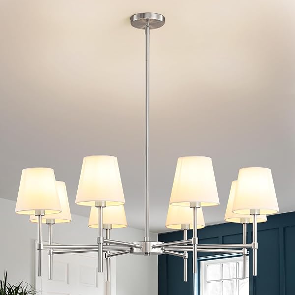 RUIYEY DINING ROOM CHANDELIERS LIGHT – MODERN BRUSHED NICKEL CHANDELIER, 8-LIGHT METAL FARMHOUSE DINING ROOM LIGHT FIXTURE, E26 HANGING PENDENT LIGHTING FOR KITCHEN, LIVING ROOM, FOYER, ENTRANCE