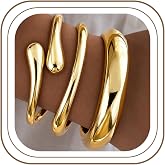 GoldGifts Chunky Gold Bangle Bracelets for Women, 14K Gold Plated Big Stackable Cuff Bracelet Set, Dainty Thick Dome Teardrop Bangles, Trendy Statement Jewelry Fashion Accessories