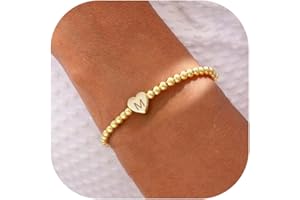 THAIVOR Christmas Gifts Stocking Stuffers Beaded Bracelets for Women Dainty Heart Initial Bracelet Letter A-Z Charm Stretch Bead Ball Bracelet Trendy Jewelry Gifts