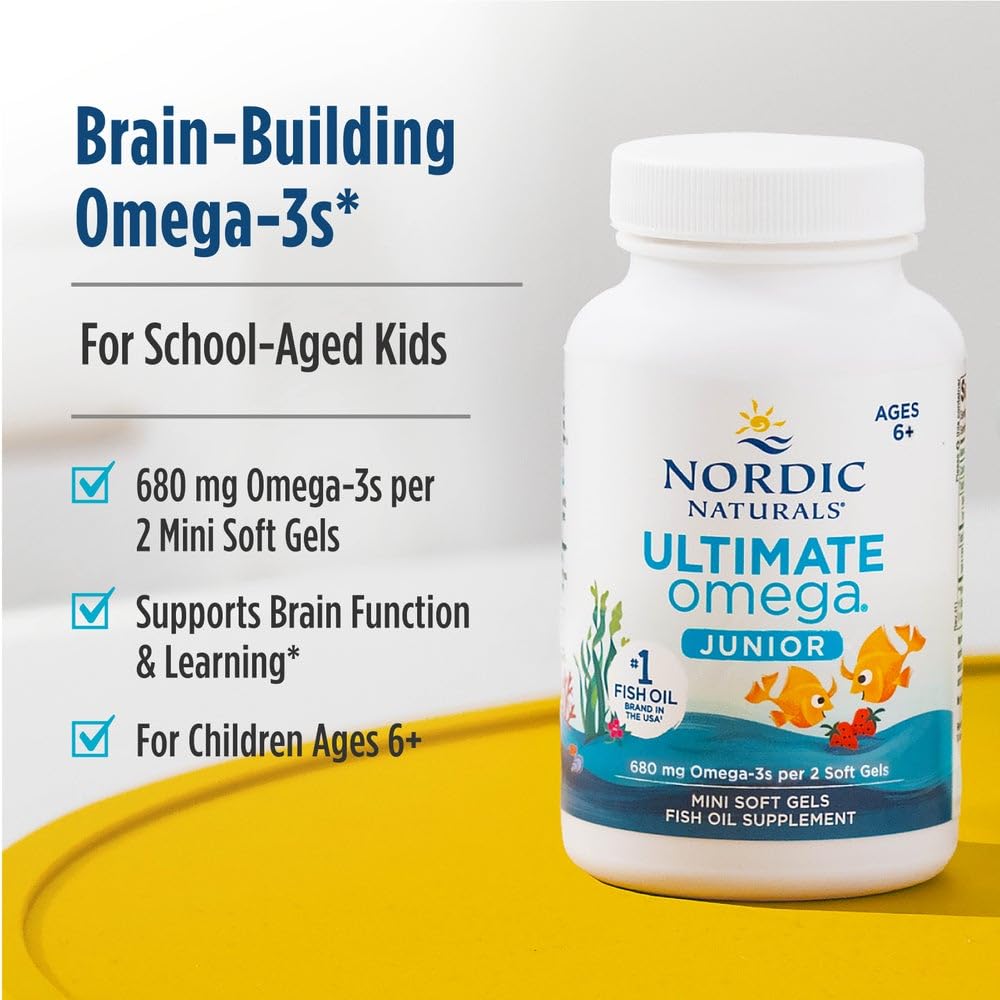 Nordic Naturals Ultimate Omega Jr., Strawberry - 90 Mini Soft Gels - 680 Total Omega-3s with EPA & DHA - Brain Health, Mood, Learning - Non-GMO - 45 Servings