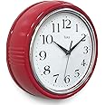 Lily's Home Retro Wall Clock, 9.5 Inch Vintage Design, Silent Non-Ticking Quartz Movement, Battery Operated, Perfect for Kitchen, Living Room, Office, and Indoor Use (Vintage Red)