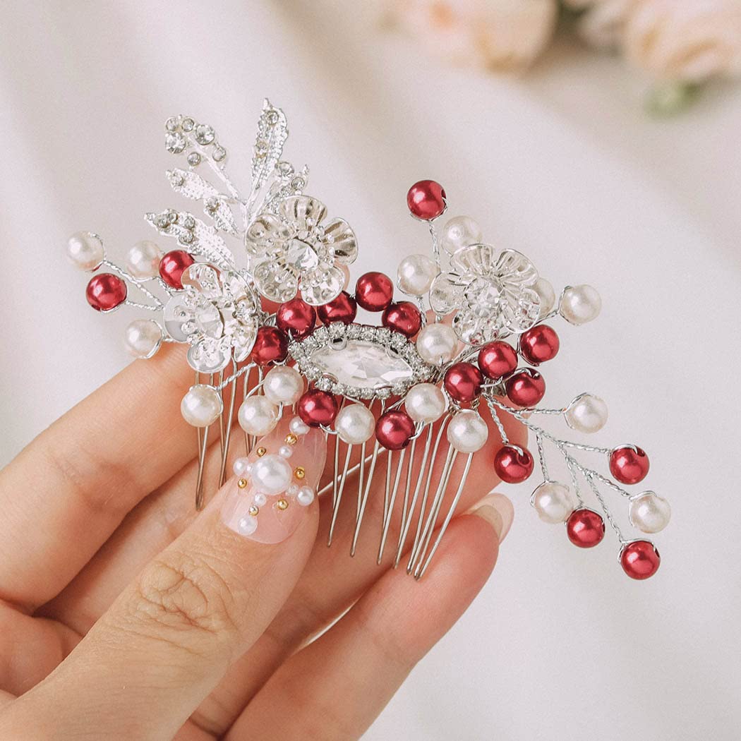 IYOU Pearl Bridal Wedding Hair Comb Flower Red Headpiece Leaf Crystal Hair Pieces Vintage Prom Bride Hair Accessories for Women