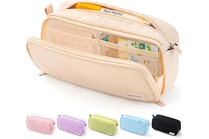 HVOMO Large Capacity Pencil Case Organizer Pen Marker Holder Double Zipper Storage Bag Big Pencil Pouch for College School Office Teen Girl Boy Women Men Adult（Beige）