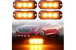 Raryloy 3-LED Surface Mount Strobe Lights for Trucks Car Vehicle Mini Grille Flashing Light Head Emergency Hazard Warning Grill Lamp Ultra Slim 4pcs Sync Feature (Amber)