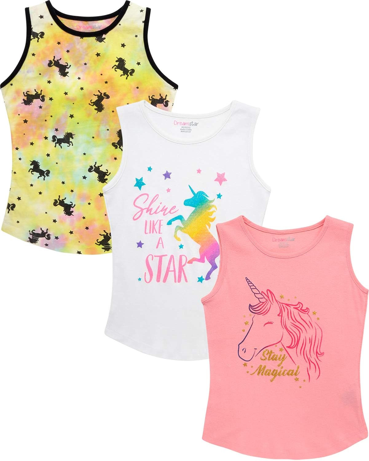 Dreamstar Girls’ Tank Top – 3 Pack Graphic Sleeveless Shirt (Big Girl): Clothing