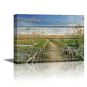Peaceful Country Landscape with Wild Flowers on Vintage...
