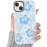 RUMDEY Clear Hibiscus Flower Case for iPhone 13 / iPhone 14 6.1", Cute Preppy Floral Crystal Pattern Aesthetic Design Soft Slim Anti-Yellow Protective Shockproof TPU Phone Cover for Women Girls - Blue
