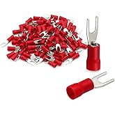 Baomain 100-Pack Fork Spade Terminal Connectors – Insulated, #6 Stud (3.7mm), 22-16 AWG (0.5-1.5mm²), Red