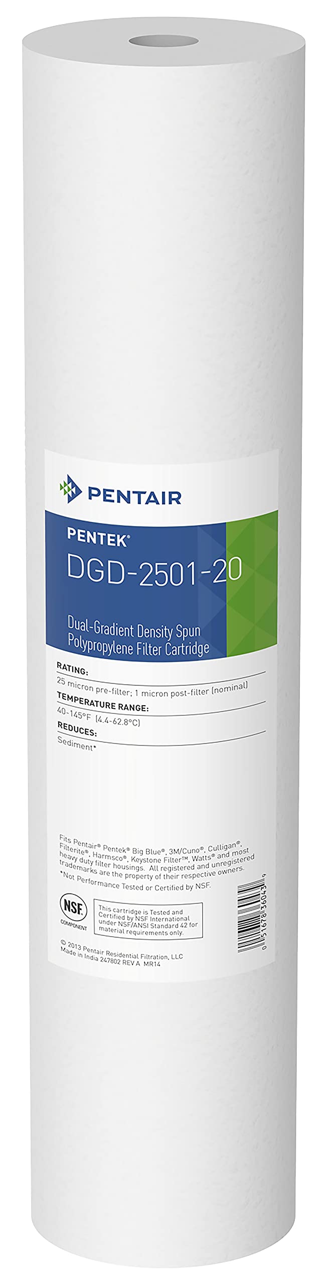 Pentek DGD-2501-20 Big Blue Sediment Water Filter, 20-Inch, Whole House, 100% Pure Polypropylene Gradient Density Cartridge, 4.5" X 20", 1 micron