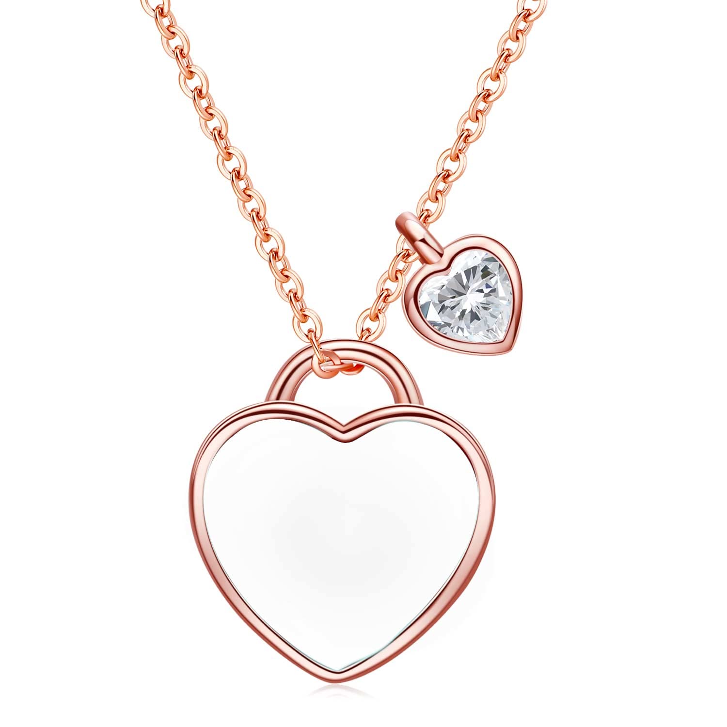 Qings April Diamond Birthstone Necklace - Sparkling Moissanite Cubic Zirconia 925 Sterling Silver Rose Gold Platinum Plated Double Heart Pendant Forever Love Adjustable Chain Present for Mother Mom