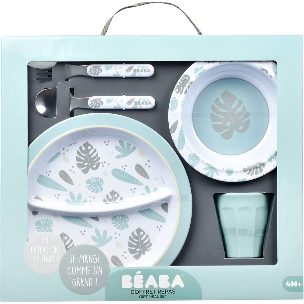 BÉABA, Children's Mealtime Gift Set, Two Compartment Plate, Bowl, Cutlery, Glass, Non-slip Base, Melamine, Jungle Pattern