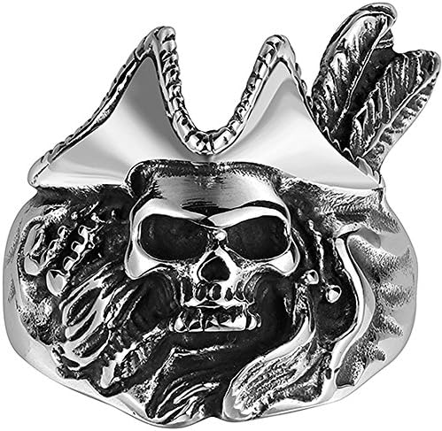 Men's Stainless Steel Old Pirate Skull Head Feather Ring Band Vintage Fashion Gothic Biker Silver Black