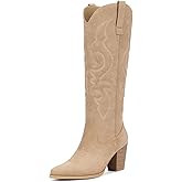 Pasuot Suede Cowboy Boots for Women - Western Knee High Cowgirl Boots with Side Zipper, Retro Pointed Toe Tall Block Heel Pull On Long Boot for Ladies Fall Winter Rodeos Concert Festival Daily