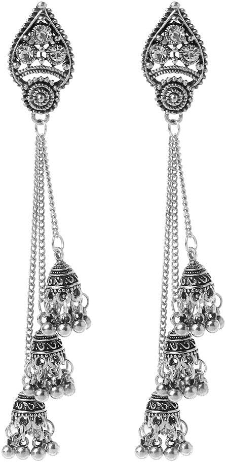 jackyee Earring Organizer-Tassel Jhumka Indian Ethnic Bollywood Long Chain Dangle Earrings Fashion Jewelry Silver