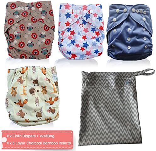 AngelicWare Cloth Diapers Set. Reusable all in One Size Baby Pocket Diaper + 5 Layer Bamboo Inserts +Bonus eBook (5 Pack, Bold)