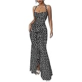 SOLY HUX Women's Polka Dots Mesh Bodycon Maxi Dress Halter Tie Back Split Fishtail Party Prom Dresses