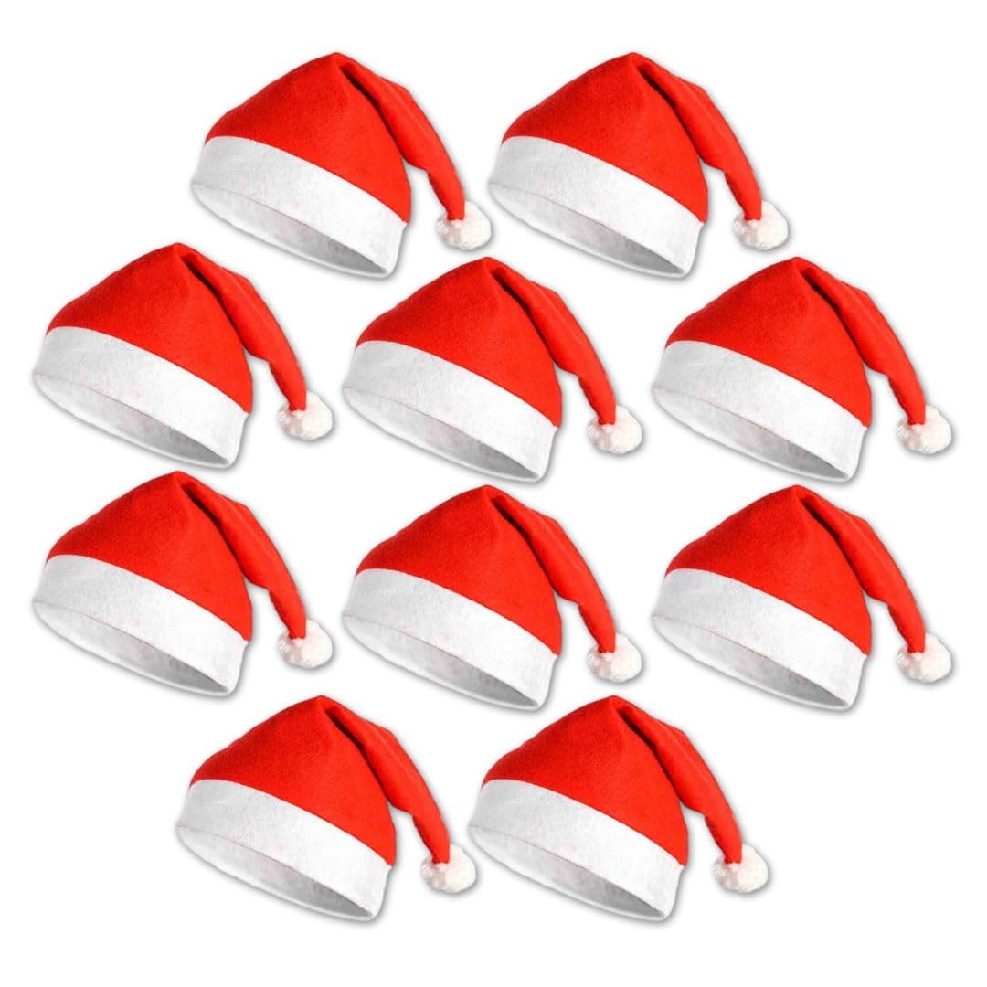 Komonee 10 x Santa Claus Christmas Hat Red Xmas Novelty – Party for Festive Holidays, Fancy Dress Up, Unisex Costume Accessory – New Years Fun for Adults and Children