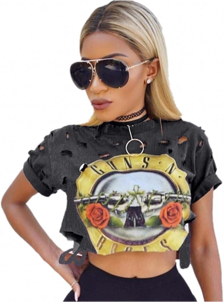 Venxic Women's Guns N Rose Ripped Crop Shirt /w Short Sleeve Gray 4