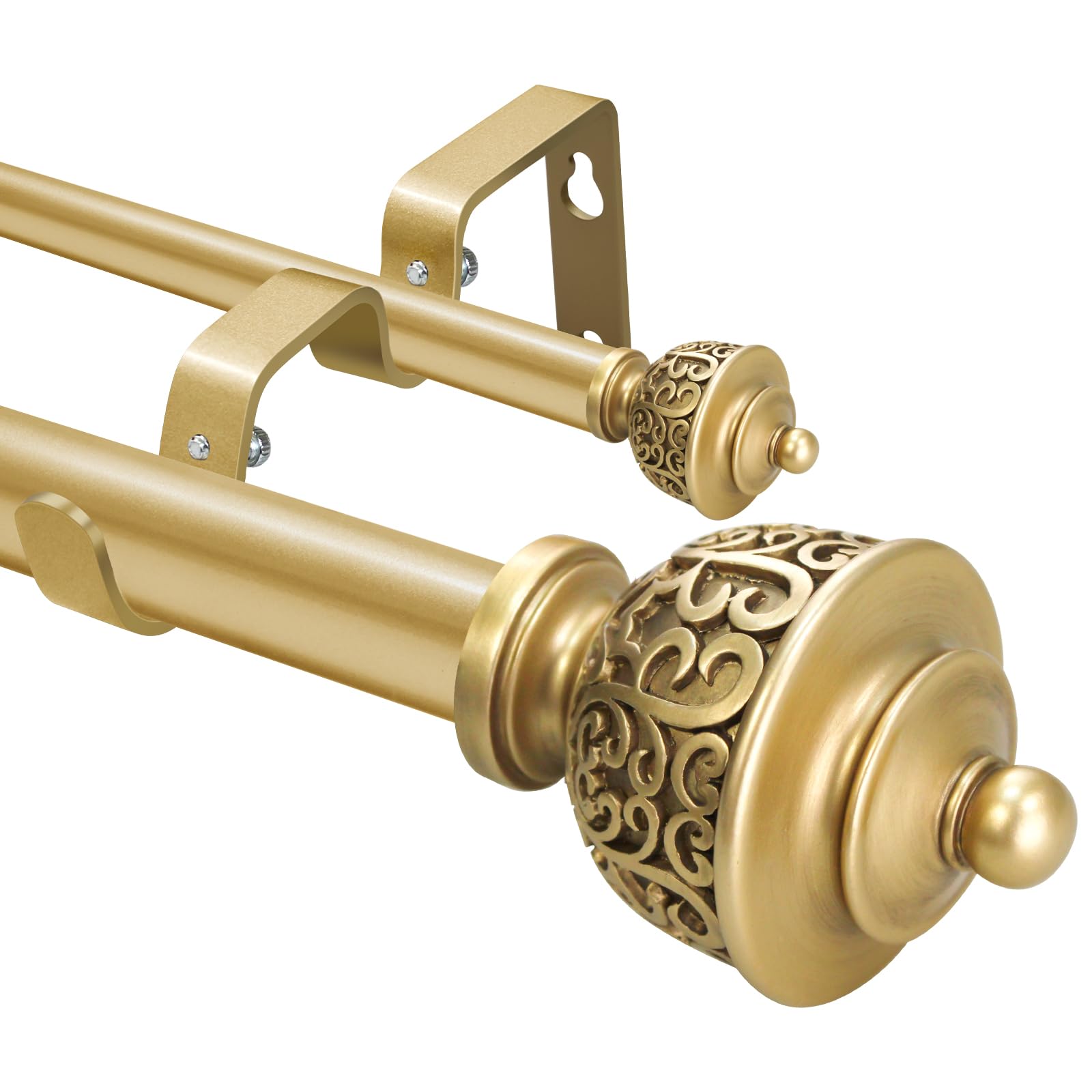 Photo 1 of 1 Inch Gold Double Curtain Rod with Vintage-style Finials-Tension Curtain Rods 28-48 Inchs for Bedroom&Home Decor