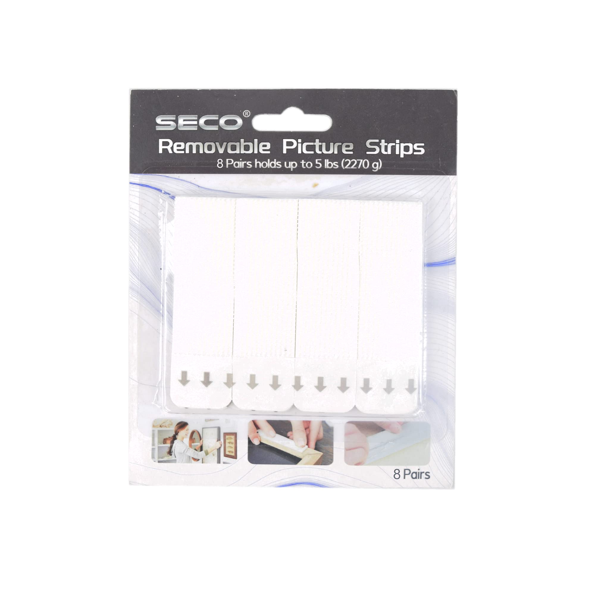 SECO Medium Repositionable Picture Hanging Strips (2.27kg) - Pack of 8 Pairs (White),RPS8