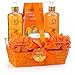 LOVERY Spa Gift Basket - Orange & Mango Scent - Luxury Mother's Day Gift - 7 Piece Bath & Body Set For Women & Men, Contains Shower Gel, Bubble Bath, Body Lotion, Bath Salt, 2 Poufs & Handmade Basket