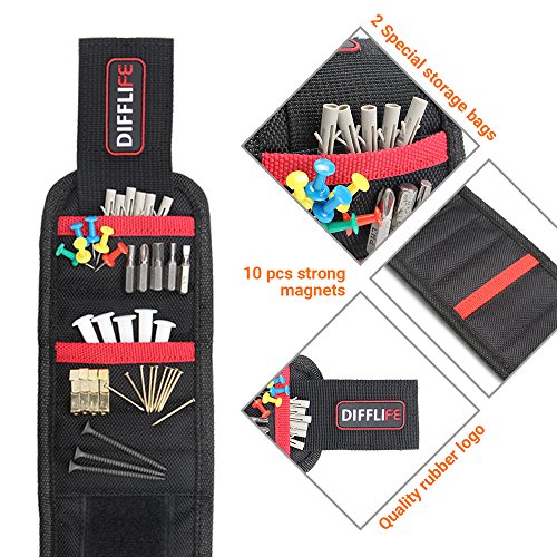 DIFFLIFE Magnetic Wristband, with 10 Strong Magnets for Holding Screws, Nails, Drilling Bits, Adjustable Wristband Tools with 2 Storage Pockets for Non-magnetic Perfect Gift for Men (Set of 1) - Thumbnail 3