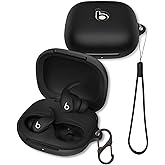 Case for Beats Powerbeats Fit Earbuds 2025, FJIASTB Soft Silicone Protective Cover with Carabiner and Lanyard, Shockproof (Black)