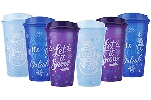 Ovveroche 6 Pcs Winter Color Changing Plastic Cups with Lids, 16 oz Reusable Hot Coffee Cups for Winter Christmas Holiday Birthday Party