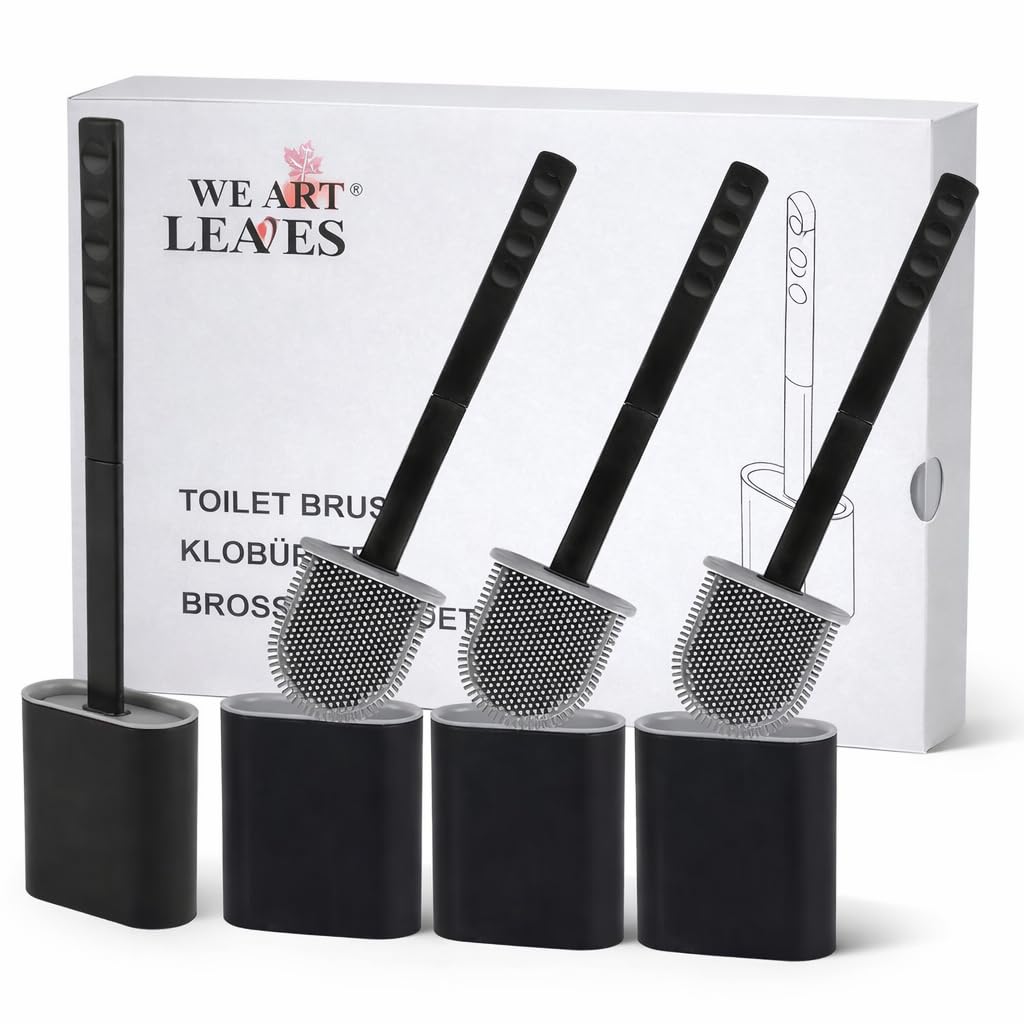 Silicone Toilet Brush With Holder – Pack of 4 Long Non-Slip Handle, Flexible Bristles for Easy Cleaning – Modern Drip-Free Base, Durable Bathroom Black Toilet Brush Set With Holder