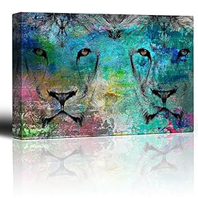 Vibrant Splash of Colors Over Two Symmetrical Lion Heads - Canvas Art Home Art - 12x18 inches