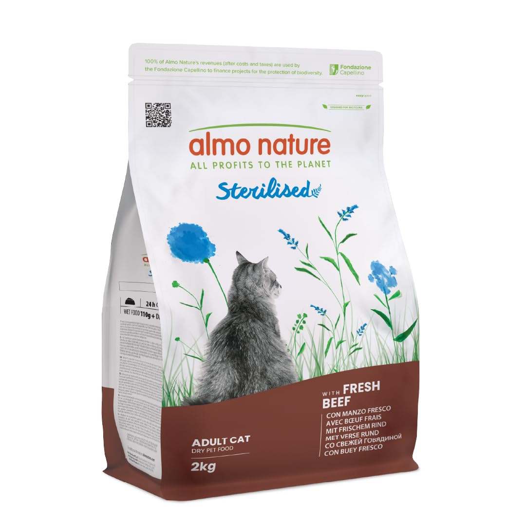 Almo Nature Sterilised - Kibble for Sterilised Cats with Fresh Beef - Low in Magnesium and with Fibres for Weight Control - 2kg Bag