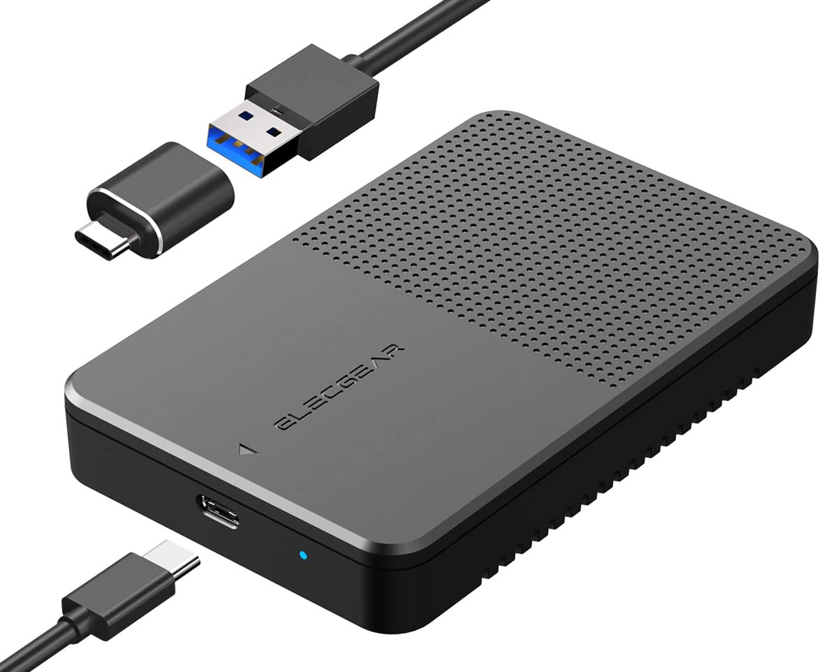 ElecGear USB Hard Drive Enclosure for 7mm to 15mm 2.5'' SATA, USB C 3.1 Gen2 Tool-free External Case for Thick and Standard 2.5-inch SATA HDD and SSD, Type A Cable and A2C Adapter