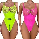 Myilewjt Shiny Leather Lingerie Bodysuit For Women Sexy Leotard Neon Green+Neon Pink X-Large